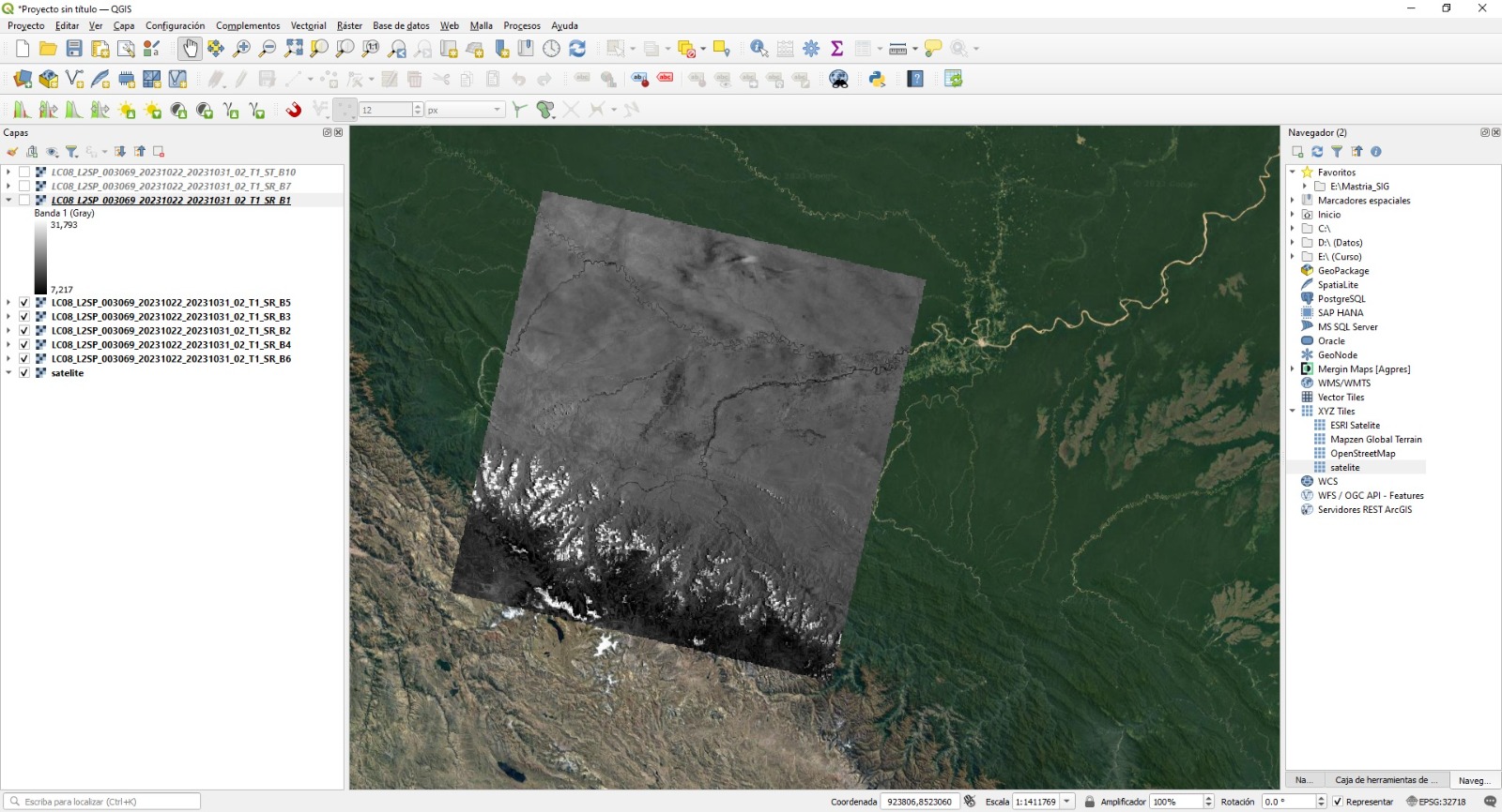 Bandas Landsat cargadas en QGIS