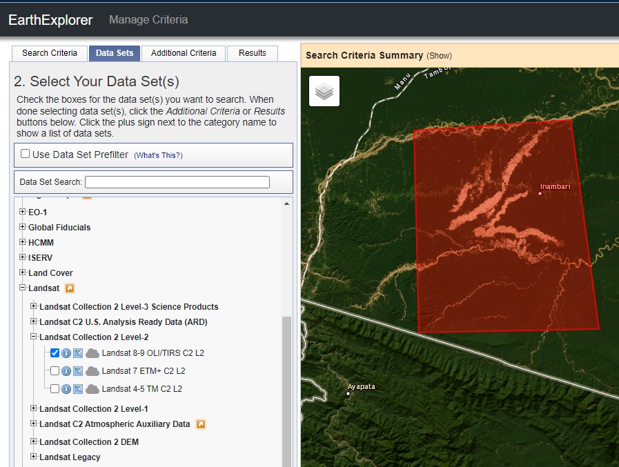 Selección de Landsat Collection 2 Level-2 en EarthExplorer